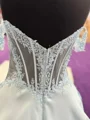 A-line Off-the-Shoulder Appliques Lace Floor-Length Satin Corset Prom Dress