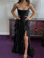 A-line Sweetheart Cascading Ruffles Sweep Train Silk Like Satin Corset Prom Dress