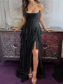 A-line Sweetheart Cascading Ruffles Sweep Train Silk Like Satin Corset Prom Dress