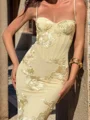 Sheath Spaghetti Straps Appliques Lace Chapel Train Tulle Prom Dress