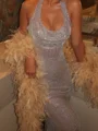 Sheath Halter Sequin Floor-Length Corset Prom Dress