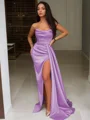 Sheath/Column Strapless Sweep Train Silk Like Satin Prom Dresses With Leg Slit