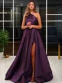 A-Line/Princess One-Shoulder Sweep Train Satin Prom Dresses With Leg Slit