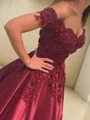 Ball Gown Off-the-Shoulder Floor-Length Satin Prom Dresses With Appliques Lace