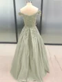 Ball Gown Off-the-Shoulder Floor-Length Satin Prom Dresses With Appliques Lace