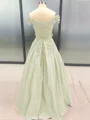Ball Gown Off-the-Shoulder Floor-Length Satin Prom Dresses With Appliques Lace