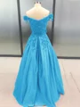 Ball Gown Off-the-Shoulder Floor-Length Satin Prom Dresses With Appliques Lace