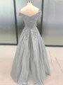 Ball Gown Off-the-Shoulder Floor-Length Satin Prom Dresses With Appliques Lace