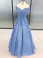 Ball Gown Off-the-Shoulder Floor-Length Satin Prom Dresses With Appliques Lace