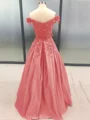 Ball Gown Off-the-Shoulder Floor-Length Satin Prom Dresses With Appliques Lace