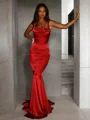 Trumpet/Mermaid Straps Sweep Train Silk Like Satin Prom Dresses With Ruffles