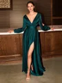 A-Line/Princess V-neck Floor-Length Silk Like Satin Prom Dresses With Leg Slit