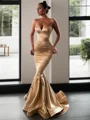 Trumpet/Mermaid V-neck Sweep Train Silk Like Satin Prom Dresses