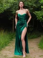 Sheath/Column Spaghetti Straps Sweep Train Silk Like Satin Prom Dresses With Leg Slit