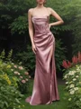 Sheath/Column Spaghetti Straps Sweep Train Silk Like Satin Prom Dresses With Leg Slit