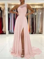 A-Line/Princess One-Shoulder Sweep Train Chiffon Prom Dresses With Leg Slit