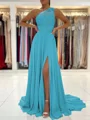 A-Line/Princess One-Shoulder Sweep Train Chiffon Prom Dresses With Leg Slit