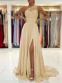 A-Line/Princess One-Shoulder Sweep Train Chiffon Prom Dresses With Leg Slit