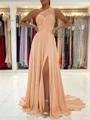 A-Line/Princess One-Shoulder Sweep Train Chiffon Prom Dresses With Leg Slit