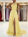 A-Line/Princess One-Shoulder Sweep Train Chiffon Prom Dresses With Leg Slit