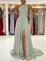 A-Line/Princess One-Shoulder Sweep Train Chiffon Prom Dresses With Leg Slit