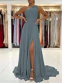 A-Line/Princess One-Shoulder Sweep Train Chiffon Prom Dresses With Leg Slit