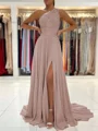 A-Line/Princess One-Shoulder Sweep Train Chiffon Prom Dresses With Leg Slit