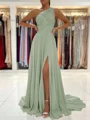 A-Line/Princess One-Shoulder Sweep Train Chiffon Prom Dresses With Leg Slit