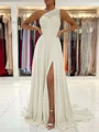 A-Line/Princess One-Shoulder Sweep Train Chiffon Prom Dresses With Leg Slit