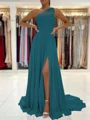 A-Line/Princess One-Shoulder Sweep Train Chiffon Prom Dresses With Leg Slit