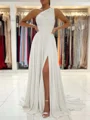 A-Line/Princess One-Shoulder Sweep Train Chiffon Prom Dresses With Leg Slit