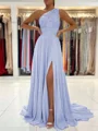 A-Line/Princess One-Shoulder Sweep Train Chiffon Prom Dresses With Leg Slit