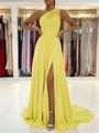 A-Line/Princess One-Shoulder Sweep Train Chiffon Prom Dresses With Leg Slit