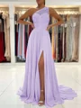 A-Line/Princess One-Shoulder Sweep Train Chiffon Prom Dresses With Leg Slit