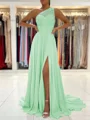A-Line/Princess One-Shoulder Sweep Train Chiffon Prom Dresses With Leg Slit
