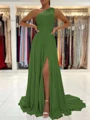 A-Line/Princess One-Shoulder Sweep Train Chiffon Prom Dresses With Leg Slit