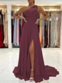 A-Line/Princess One-Shoulder Sweep Train Chiffon Prom Dresses With Leg Slit
