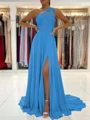 A-Line/Princess One-Shoulder Sweep Train Chiffon Prom Dresses With Leg Slit
