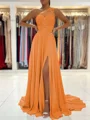 A-Line/Princess One-Shoulder Sweep Train Chiffon Prom Dresses With Leg Slit