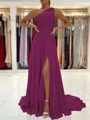 A-Line/Princess One-Shoulder Sweep Train Chiffon Prom Dresses With Leg Slit