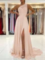 A-Line/Princess One-Shoulder Sweep Train Chiffon Prom Dresses With Leg Slit