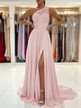 A-Line/Princess One-Shoulder Sweep Train Chiffon Prom Dresses With Leg Slit