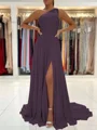 A-Line/Princess One-Shoulder Sweep Train Chiffon Prom Dresses With Leg Slit