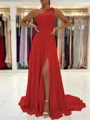 A-Line/Princess One-Shoulder Sweep Train Chiffon Prom Dresses With Leg Slit