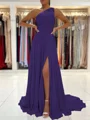 A-Line/Princess One-Shoulder Sweep Train Chiffon Prom Dresses With Leg Slit