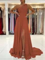 A-Line/Princess One-Shoulder Sweep Train Chiffon Prom Dresses With Leg Slit