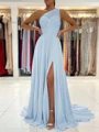 A-Line/Princess One-Shoulder Sweep Train Chiffon Prom Dresses With Leg Slit