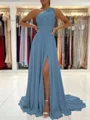 A-Line/Princess One-Shoulder Sweep Train Chiffon Prom Dresses With Leg Slit