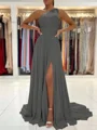 A-Line/Princess One-Shoulder Sweep Train Chiffon Prom Dresses With Leg Slit