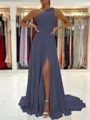 A-Line/Princess One-Shoulder Sweep Train Chiffon Prom Dresses With Leg Slit